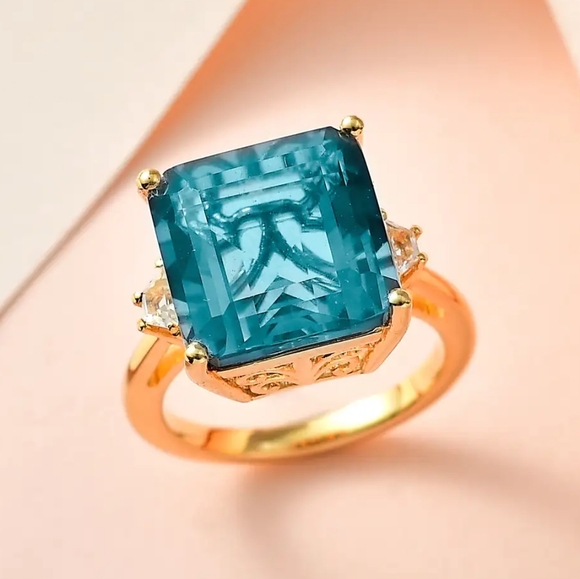 SOLD Rare Asscher Cut Dean Teal Fluorite and White Topaz Ring - Picture 3 of 11